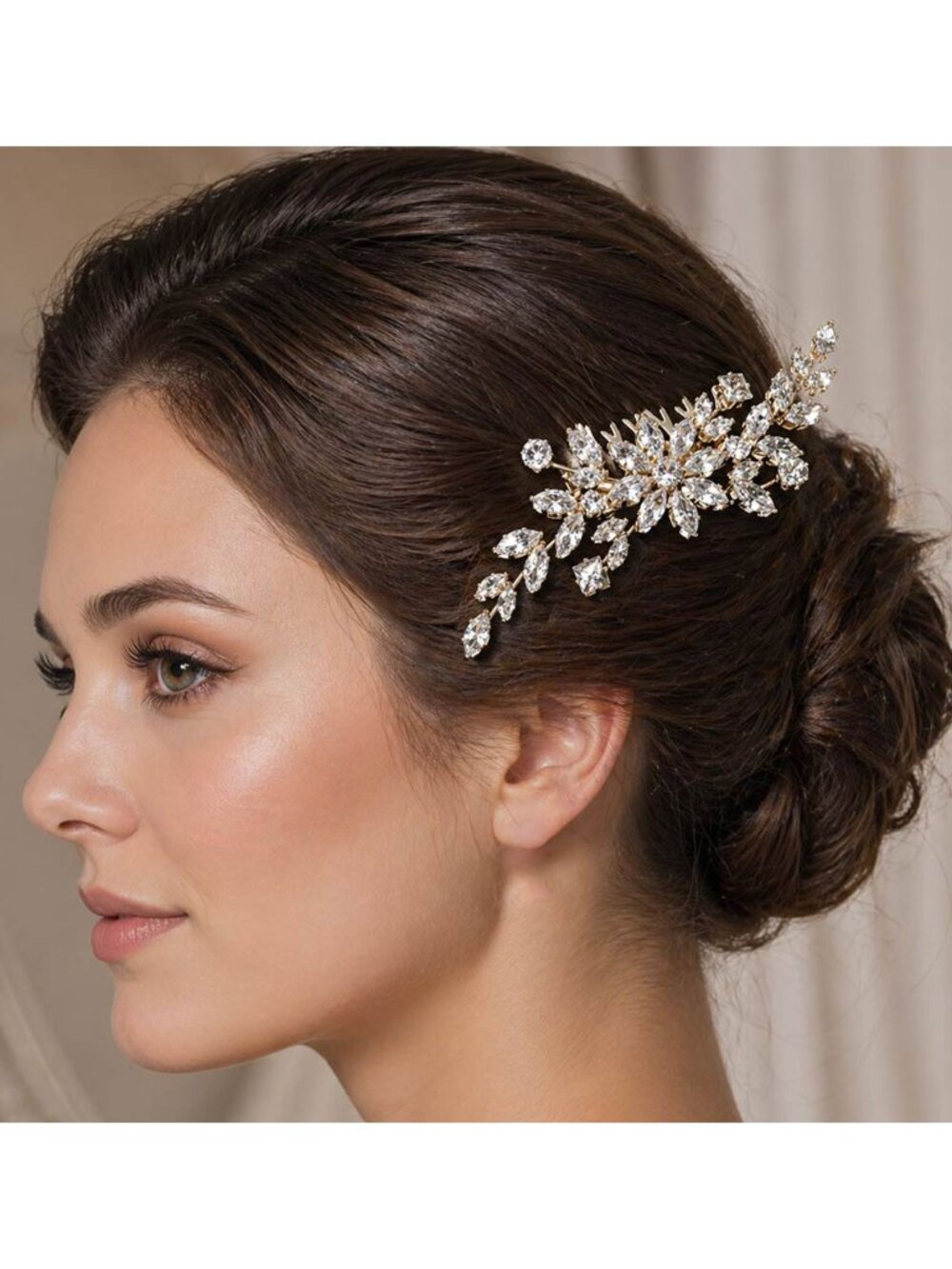 Tigerstars Gold Marquise CZ Stone Cluster Floral Leaf Vine Hair Comb